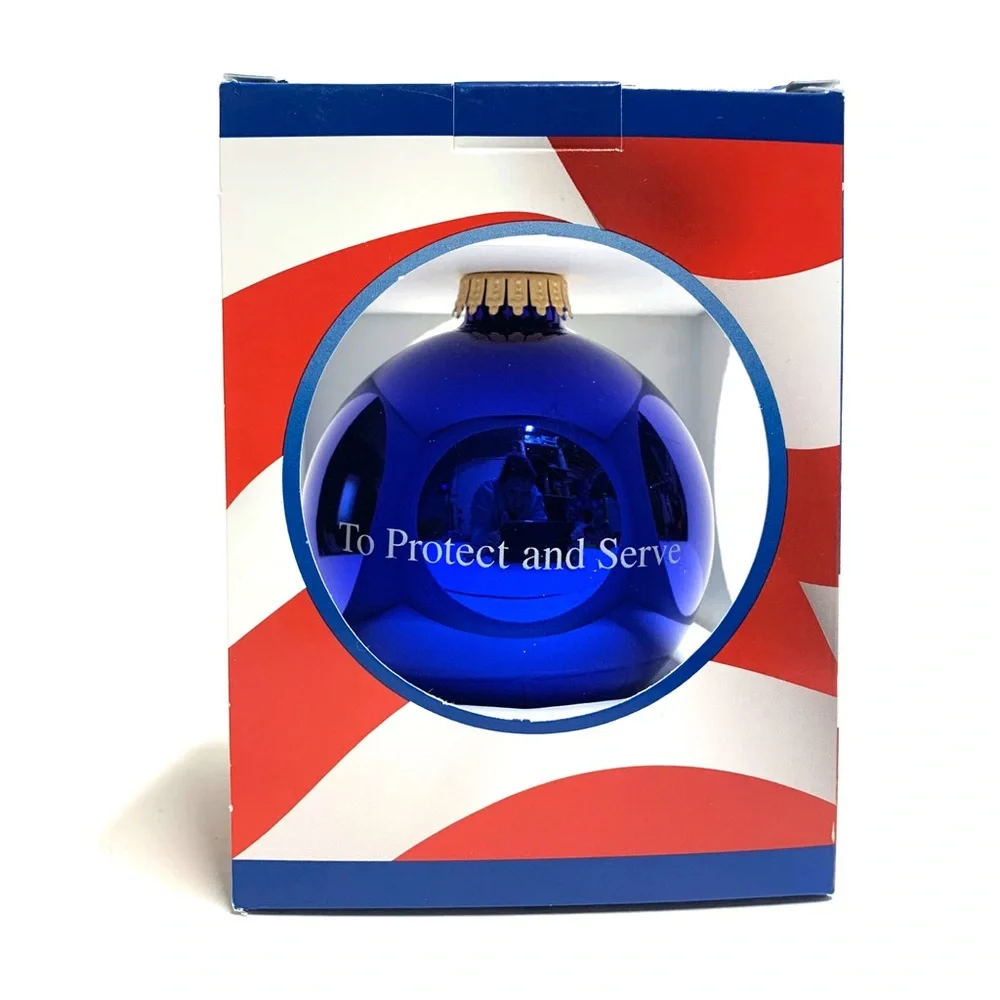 Police Badge Christmas Ornament Protect & Serve Blue Glass Patriotic NIB